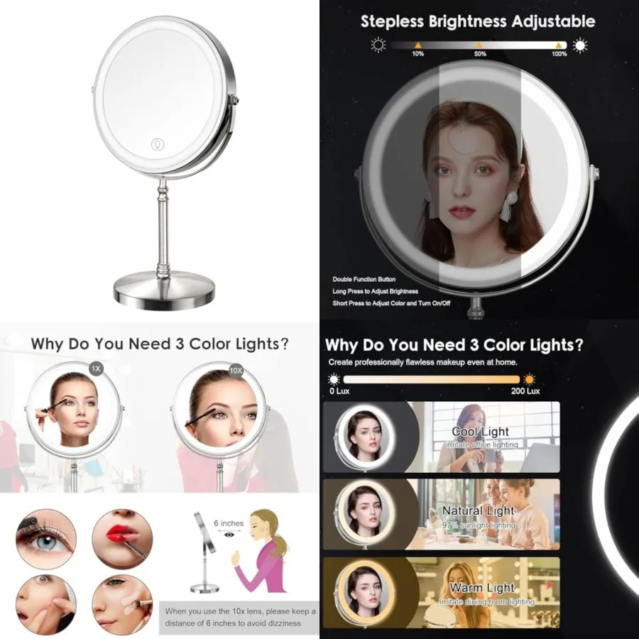 Makeup Mirror, 3000mAh Rechargeable Double-Sided Magnifying Vanity Mirror with 3 Colors, 1X/10X, Adjustable Brightness, Gifts f
Makeup Mirror, 3000mAh Rechargeable Double-Sided Magnifying Vanity Mirror with 3 Colors, 1X/10X, Adjustable Brightness, Gifts f