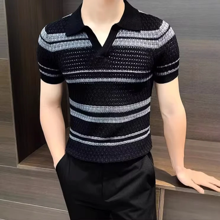 2025 Summer New Fashion Men's Color-coded Striped Casual Trendy Turn-down Collar Short Sleeve Business Slim Knitted T-shirt Male
2025 Summer New Fashion Men's Color-coded Striped Casual Trendy Turn-down Collar Short Sleeve Business Slim Knitted T-shirt Male