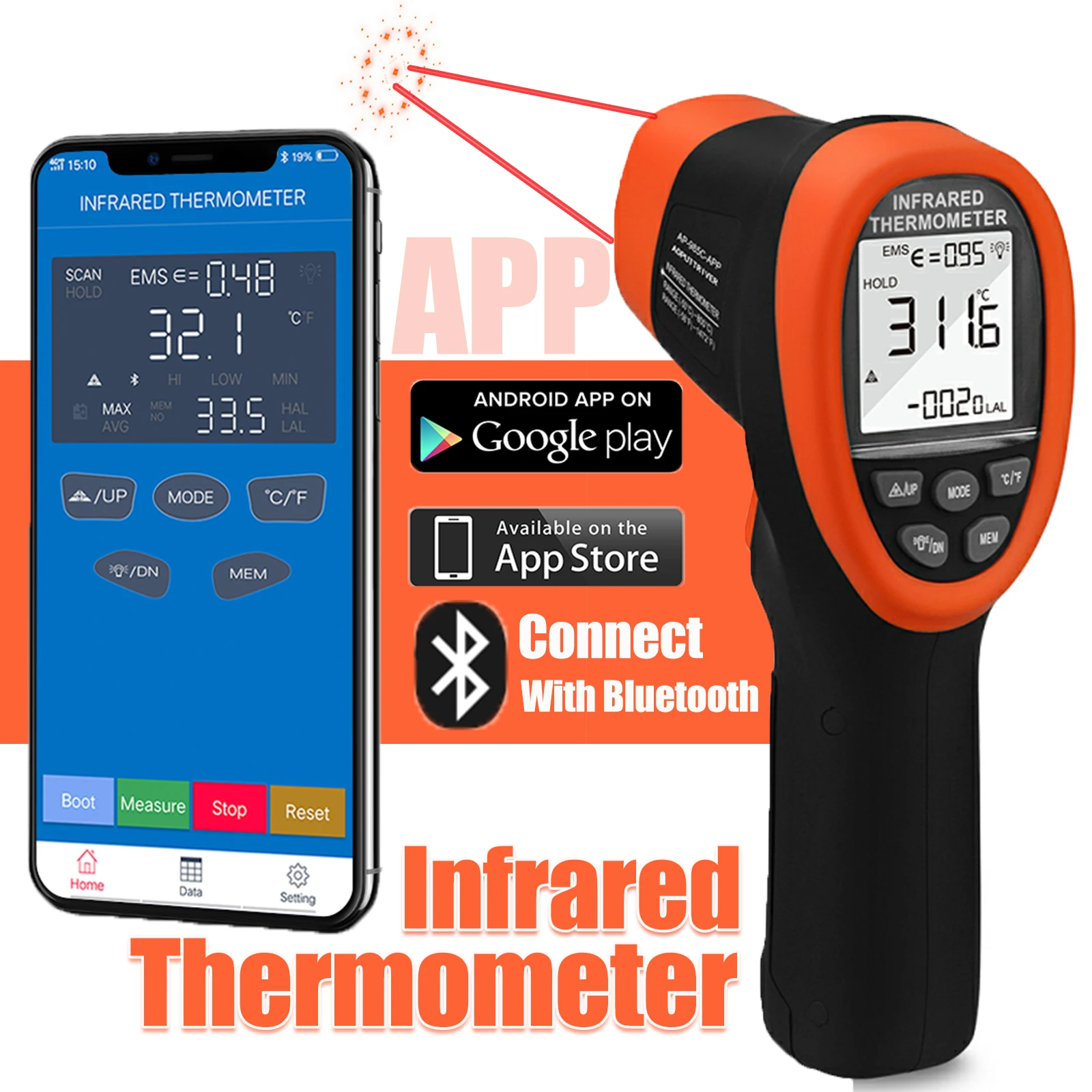 Bluetooth Infrared Thermometer Gun -58°F ~1472°F (-50~800℃), DS 16:1 Laser Thermometer with Adjustable Emissivity for Automotive
Bluetooth Infrared Thermometer Gun -58°F ~1472°F (-50~800℃), DS 16:1 Laser Thermometer with Adjustable Emissivity for Automotive