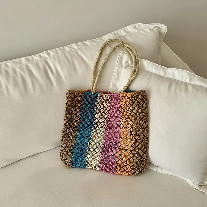 New Arrivals Women's Hand-woven Bag Designer Cotton Rope Knitted Handbag Summer Contrasting Color Hollow Out Travel Beach Bag
New Arrivals Women's Hand-woven Bag Designer Cotton Rope Knitted Handbag Summer Contrasting Color Hollow Out Travel Beach Bag