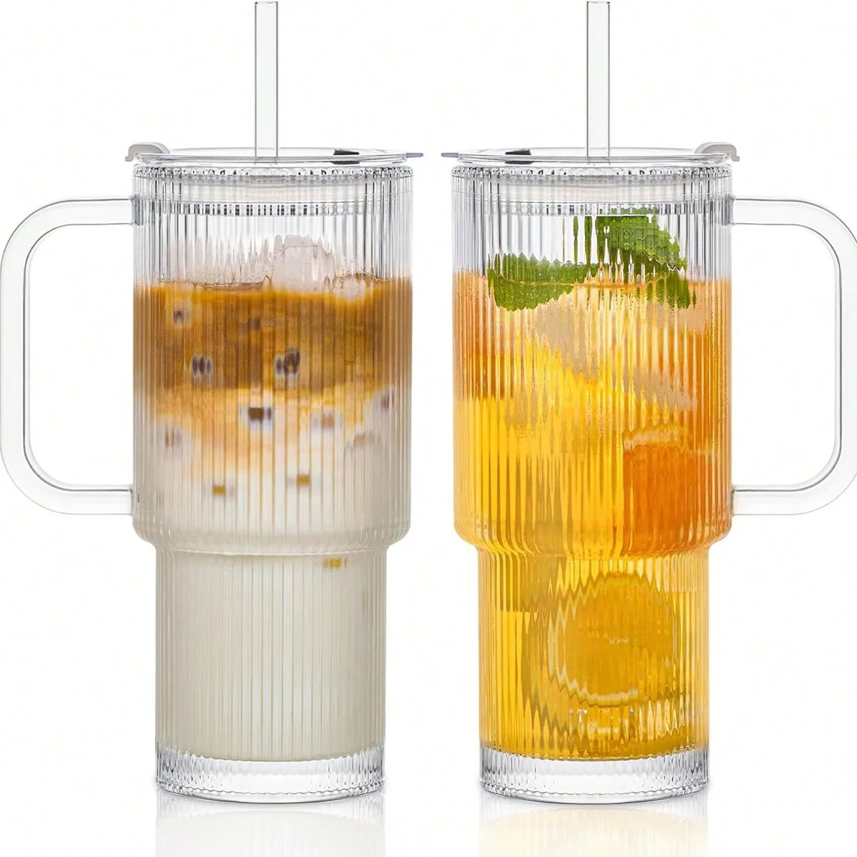 Ribbed Glass Tumbler with Handle & Lid, Large Capacity Iced Coffee Cups with Straws, Glass Mugs for Hot and Cold Drinks, Reusable
Ribbed Glass Tumbler with Handle & Lid, Large Capacity Iced Coffee Cups with Straws, Glass Mugs for Hot and Cold Drinks, Reusable