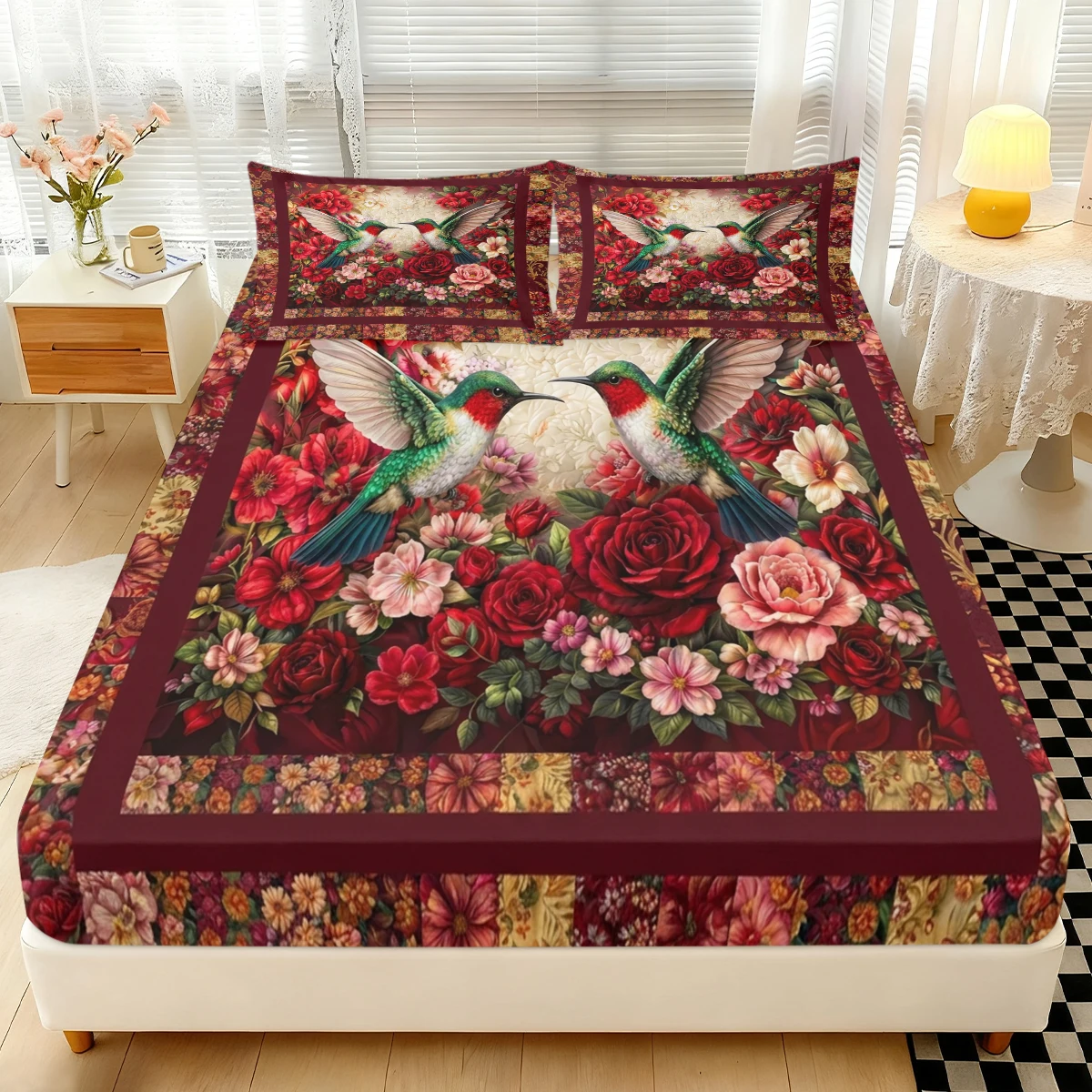 3PCS Vintage Red Rose Hummingbird Fitted Sheet Set, Elastic Mattress Cover with Pillowcases, Floral Bedding for Bedroom Decor
3PCS Vintage Red Rose Hummingbird Fitted Sheet Set, Elastic Mattress Cover with Pillowcases, Floral Bedding for Bedroom Decor