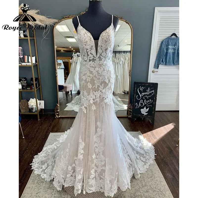 Romantic Spaghetti Straps Trumpet V Neck Blush Pink Lace Appliques Wedding Dress Mermaid Open Back vestido de boda corte sirena
Romantic Spaghetti Straps Trumpet V Neck Blush Pink Lace Appliques Wedding Dress Mermaid Open Back vestido de boda corte sirena