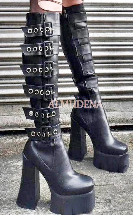 Black Leather Metal Buckled Knee High Boots Women Chunky Block Heel Platform Zip Sexy Streetwear Booties Plus Size 46 Punk Shoes
Black Leather Metal Buckled Knee High Boots Women Chunky Block Heel Platform Zip Sexy Streetwear Booties Plus Size 46 Punk Shoes