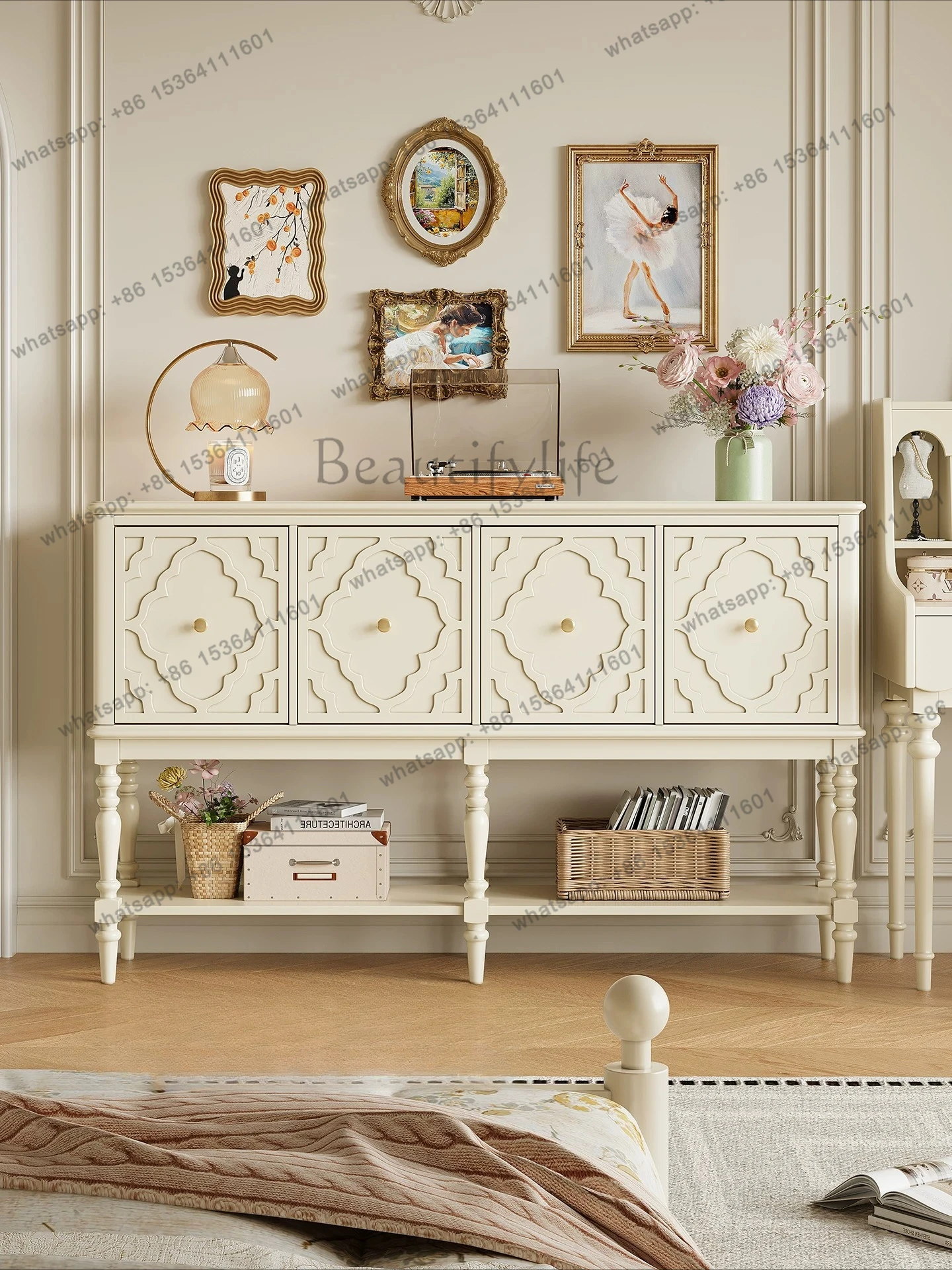 All solid wood porch cabinet, living room French cream style household wall locker
All solid wood porch cabinet, living room French cream style household wall locker
