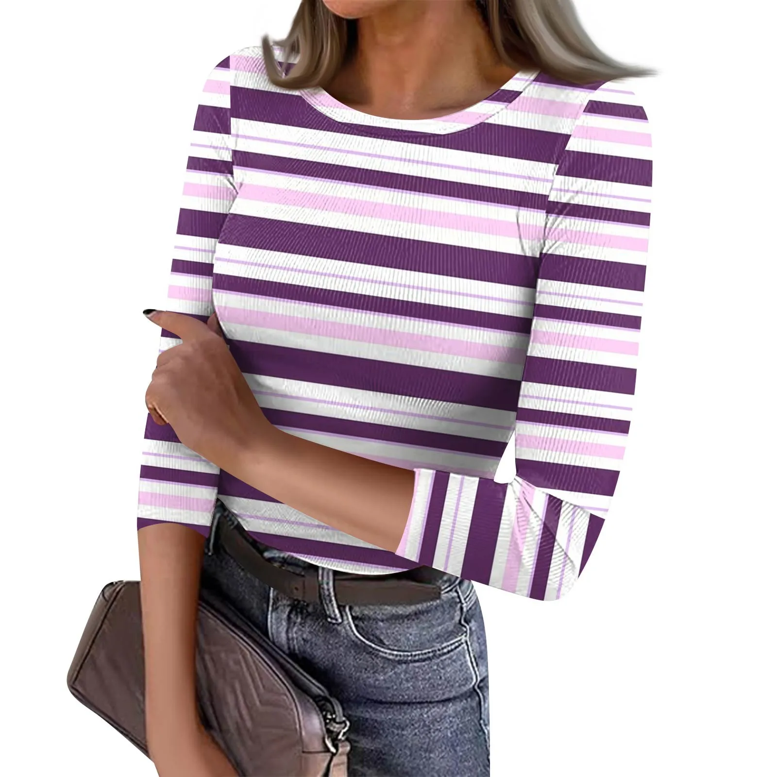 Women's Slim Bottom T-shirt Fashion Casual Stripe Printed Round Neck Pullover 3/4 Sleeve Top Women Summer 2025 Basic Tee Tshirt
Women's Slim Bottom T-shirt Fashion Casual Stripe Printed Round Neck Pullover 3/4 Sleeve Top Women Summer 2025 Basic Tee Tshirt