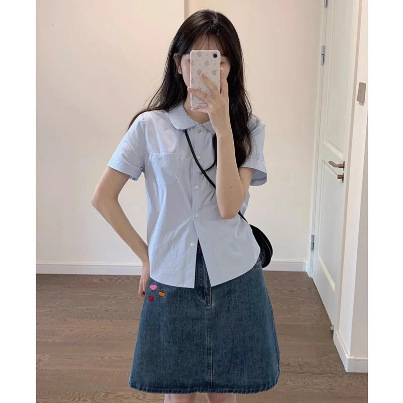 Blue ort Sve Sweet Doll Collar irt Women's Summer New Sle College Sle Design Sense oulder Level Top Straight Cut
Blue ort Sve Sweet Doll Collar irt Women's Summer New Sle College Sle Design Sense oulder Level Top Straight Cut