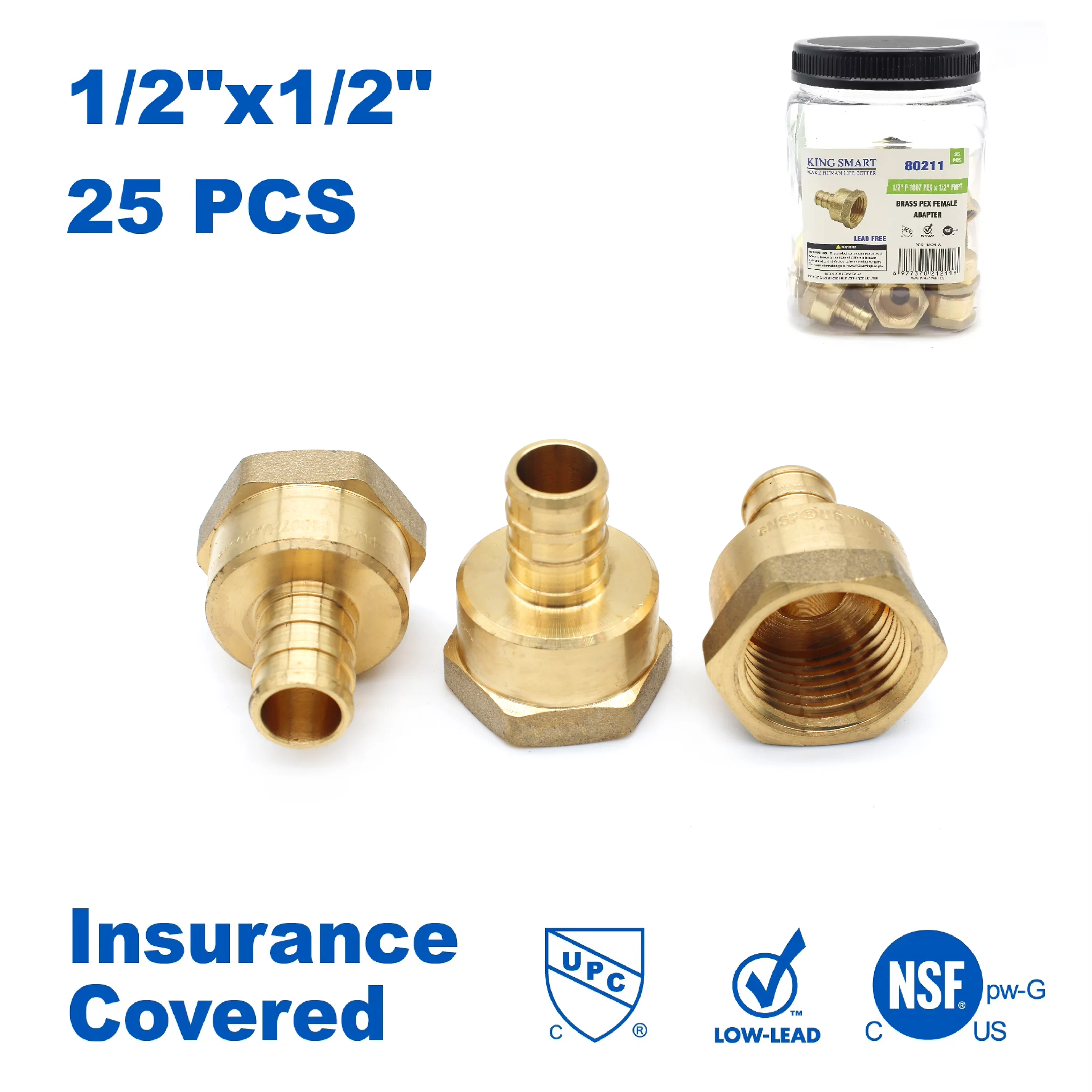 KING SMART Crimp PEX 1/2" Женский прямой адаптер NPT; Бессвинцовая латунь; 25 шт./корпус; 80211
KING SMART Crimp PEX 1/2" Женский прямой адаптер NPT; Бессвинцовая латунь; 25 шт./корпус; 80211
