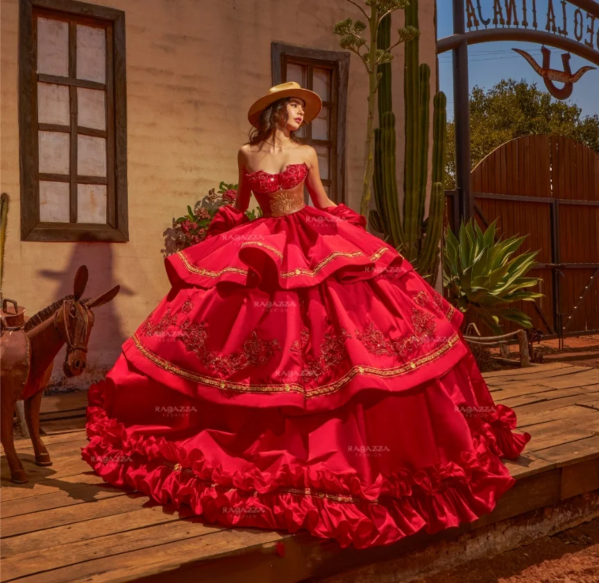 Mexican Princess Quinceanera Dress Red Off Shoulder Beaded Applique Satin Embroidered Ruffle Poncho Bow vestido de 15 anosCustom
Mexican Princess Quinceanera Dress Red Off Shoulder Beaded Applique Satin Embroidered Ruffle Poncho Bow vestido de 15 anosCustom