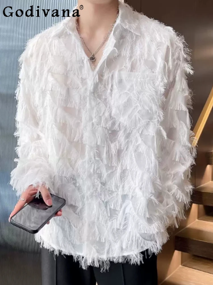 Spring New White Feather Fringed Long Sleeve Thin Chic Shirt Men Fashion Loose Versatile Handsome Personality Leisure Shirts
Spring New White Feather Fringed Long Sleeve Thin Chic Shirt Men Fashion Loose Versatile Handsome Personality Leisure Shirts