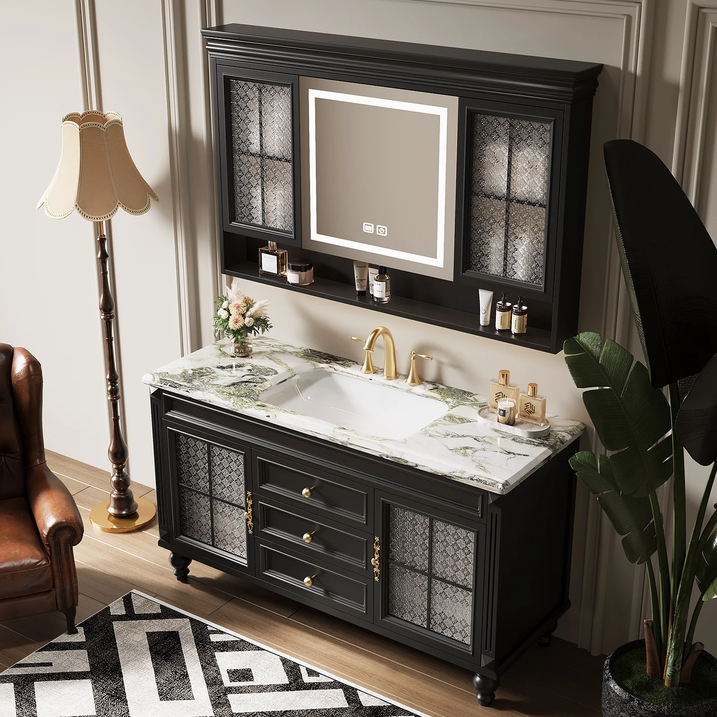 Oak integrated basin bathroom cabinet combination, rock slab washbasin hand washbasin
Oak integrated basin bathroom cabinet combination, rock slab washbasin hand washbasin