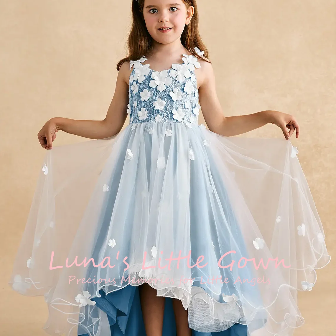 Dusty Blue Lace 3D Floral Spaghetti Strap Big Bow Back Tulle Flower Girl Dress Kids Wedding Gown Customized
Dusty Blue Lace 3D Floral Spaghetti Strap Big Bow Back Tulle Flower Girl Dress Kids Wedding Gown Customized