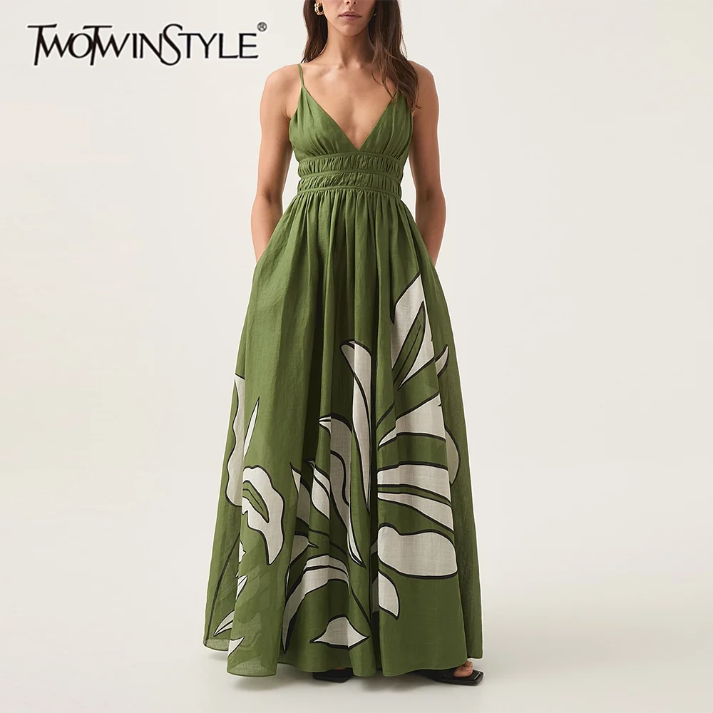 TWOTWINSTYLE Printing Loose Spliced Shirring Vintage Dresses for Women V Neck Sleeveless High Waist Casual Long Dress Female New
TWOTWINSTYLE Printing Loose Spliced Shirring Vintage Dresses for Women V Neck Sleeveless High Waist Casual Long Dress Female New