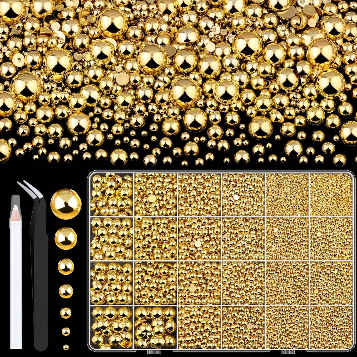 13000Pcs Flatback Pearls for Crafting Golden Silvery, Assorted Size 2/3/4/5/6/8/10mm Half Nail Art Pearl with Pick Pen Tweezer
13000Pcs Flatback Pearls for Crafting Golden Silvery, Assorted Size 2/3/4/5/6/8/10mm Half Nail Art Pearl with Pick Pen Tweezer
