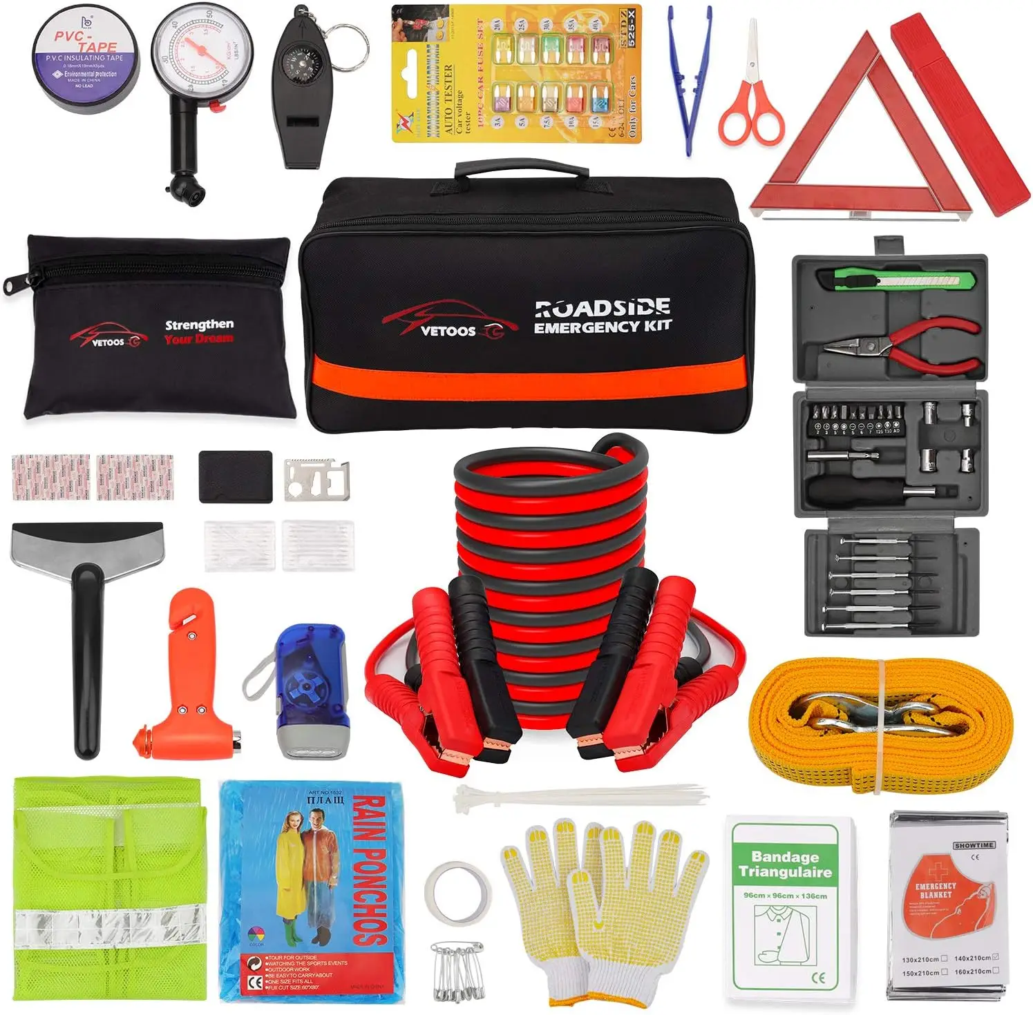 Roadside Emergency Car Kit with Jumper Cables, Auto Safety Essentials for Winter, Includes Mini Tool Set and Tire Gauge
Roadside Emergency Car Kit with Jumper Cables, Auto Safety Essentials for Winter, Includes Mini Tool Set and Tire Gauge