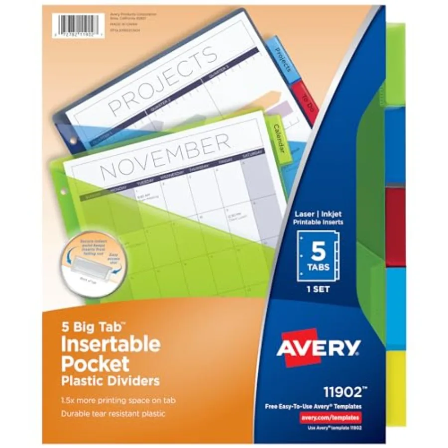 Dividers for 3 Ring Binders, 5 Tab Plastic Binder Dividers, Pockets, Insertable Big Tabs, Multicolor, Extend Beyond Sheet Prote
Dividers for 3 Ring Binders, 5 Tab Plastic Binder Dividers, Pockets, Insertable Big Tabs, Multicolor, Extend Beyond Sheet Prote