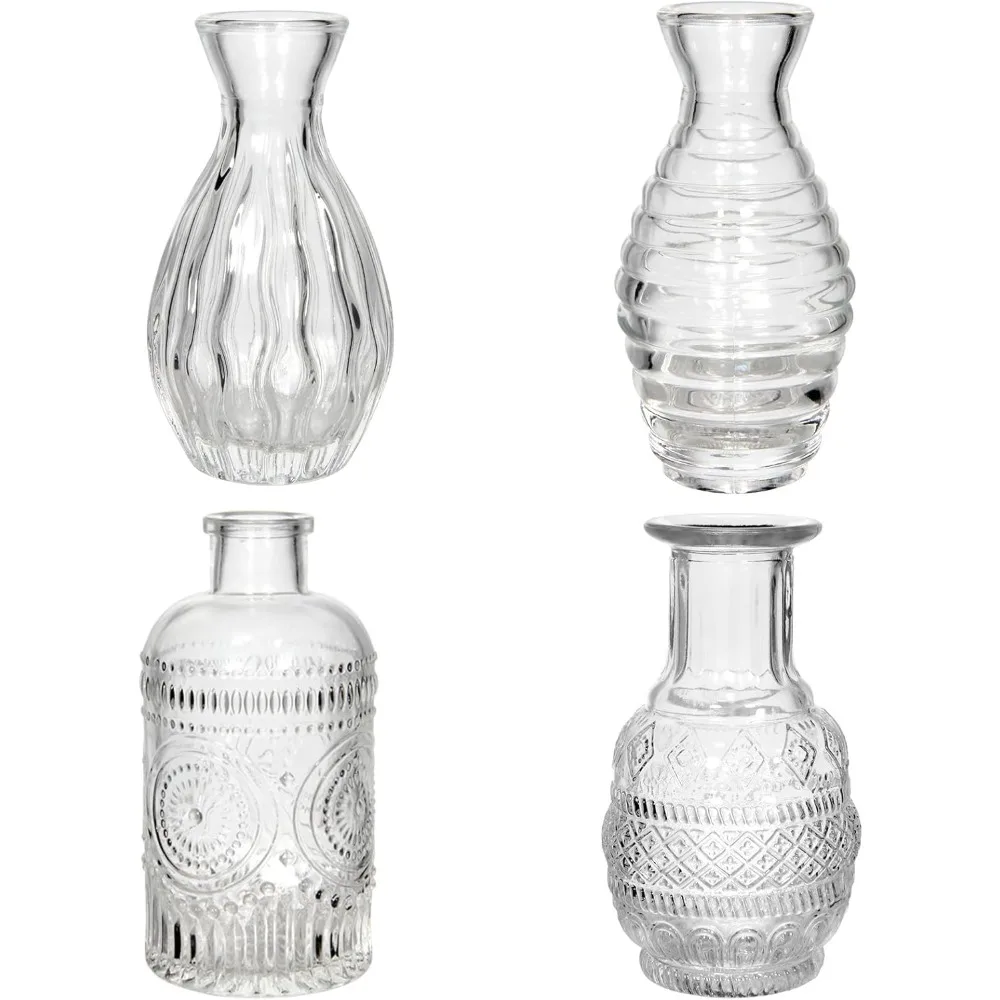Decorative small glass vases, 4-piece set, bulk vases, vases with wavy and ribbed textures.
Decorative small glass vases, 4-piece set, bulk vases, vases with wavy and ribbed textures.