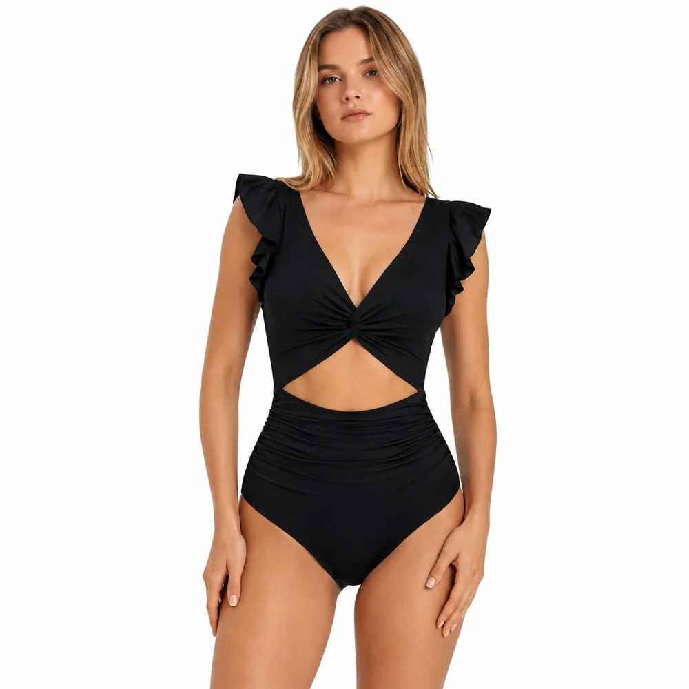 Women Black One Piece Swimsuit V Neck Twist Front Cutout Ruffle Sleeve Ruched Waist Open Back Bathing Suit Beach Pool Vacation
Women Black One Piece Swimsuit V Neck Twist Front Cutout Ruffle Sleeve Ruched Waist Open Back Bathing Suit Beach Pool Vacation