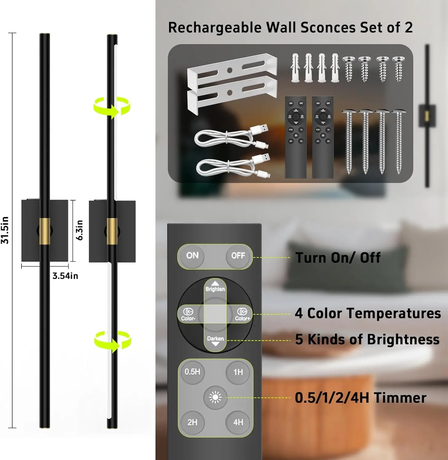 Battery Operated Wall Sconces Set of 2: 10000mAh Rechargeable Wall Lights with Remote Control, 360° Rotate Wireless Wall Scone Decor for TV/Mirror Bedroom Living Room, 31.5 Inch, Black
Battery Operated Wall Sconces Set of 2: 10000mAh Rechargeable Wall Lights with Remote Control, 360° Rotate Wireless Wall Scone Decor for TV/Mirror Bedroom Living Room, 31.5 Inch, Black