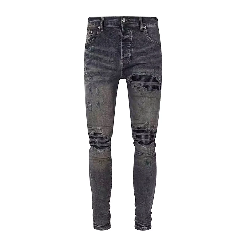 American street fashion dark blue men's jeans retro elastic slim fit perforated patch trendy brand tapered pants Y2K
American street fashion dark blue men's jeans retro elastic slim fit perforated patch trendy brand tapered pants Y2K