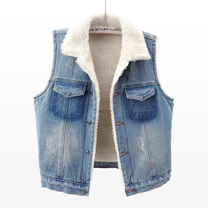 Winter Women Thick Lamb Wool Liner Denim Vest Waistcoat Loose Short Sleeveless Jacket Coat Vintage Light Blue Jeans Vest Female
Winter Women Thick Lamb Wool Liner Denim Vest Waistcoat Loose Short Sleeveless Jacket Coat Vintage Light Blue Jeans Vest Female
