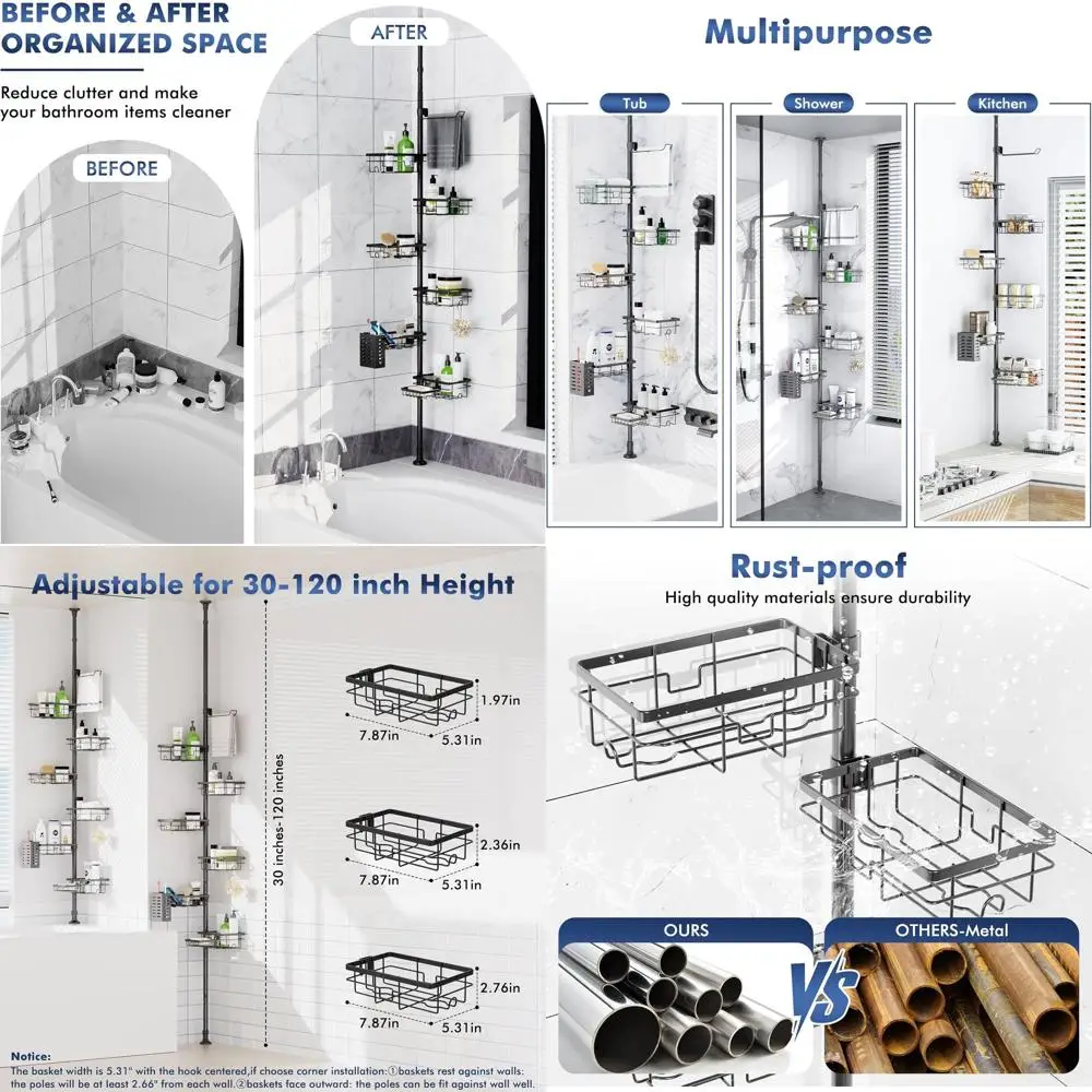 Rust-Resistant Tension Shower Caddy with 6 Corner Shelves, Adjustable 30-120 Rack, Towel Bar & Soap Dish for Bathroom Storage, B
Rust-Resistant Tension Shower Caddy with 6 Corner Shelves, Adjustable 30-120 Rack, Towel Bar & Soap Dish for Bathroom Storage, B