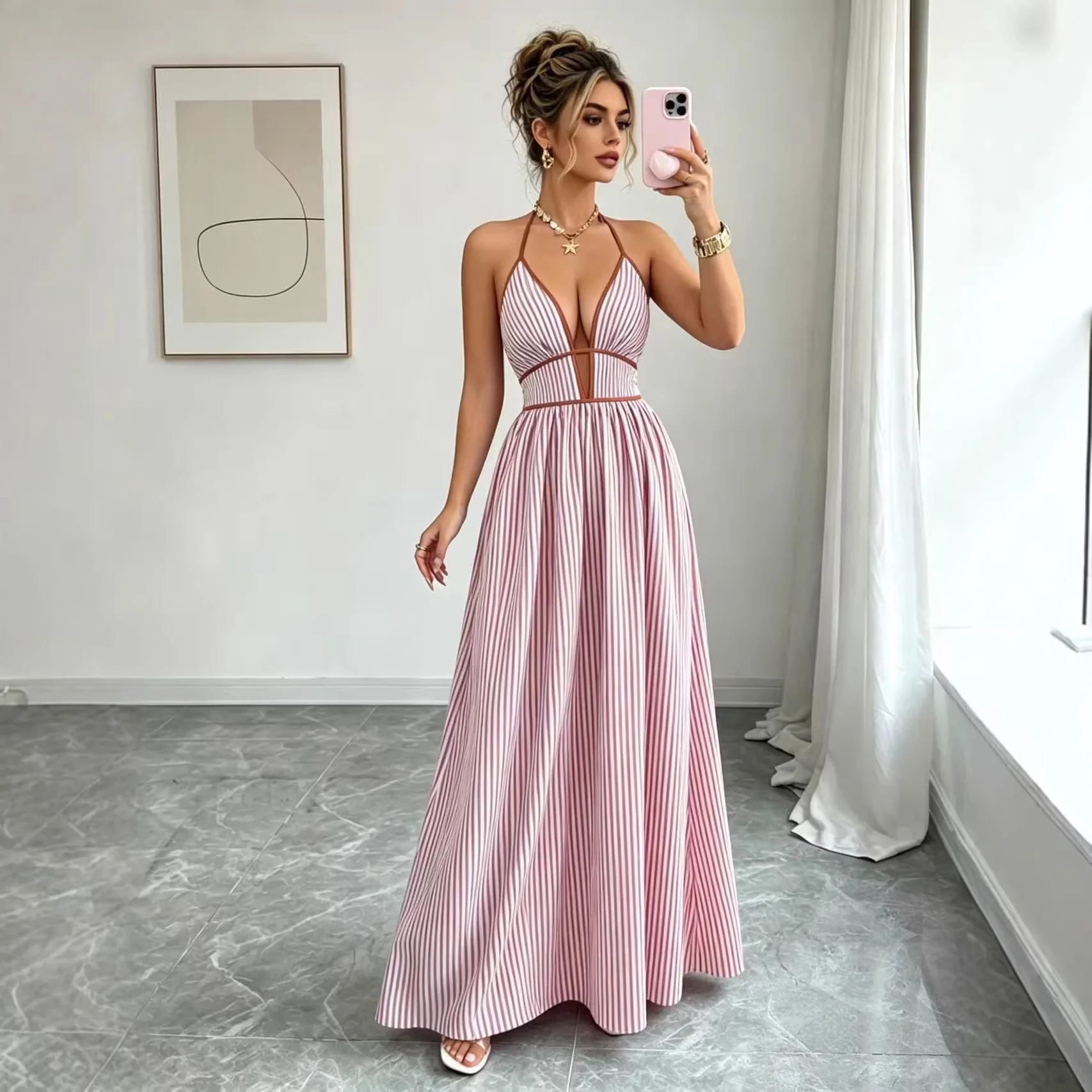 2026 Summer Fashion Casual Sleeveless Halter Waist Striped Color Block Long Dress
2026 Summer Fashion Casual Sleeveless Halter Waist Striped Color Block Long Dress