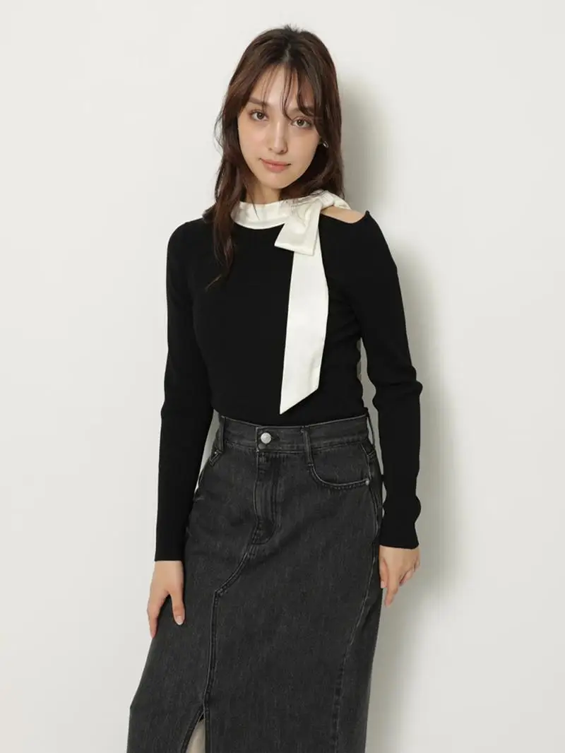 Autumn Winter New Arrival Collaborative Knot Shoulder Bared Stand Collar Silk Satin Side Tied Knitted Sweater
Autumn Winter New Arrival Collaborative Knot Shoulder Bared Stand Collar Silk Satin Side Tied Knitted Sweater