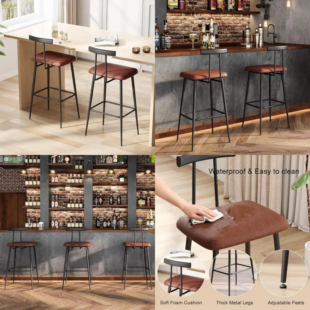 Set of 2 Tall Counter Height Bar Stools with Backrest and Footrest, Rustic Brown Leather Cushion for Kitchen, Dining, and Bar Ar
Set of 2 Tall Counter Height Bar Stools with Backrest and Footrest, Rustic Brown Leather Cushion for Kitchen, Dining, and Bar Ar