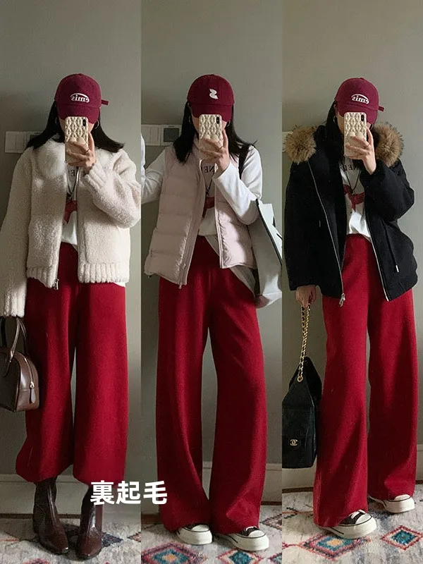 Casual Fleece Lined Elastic Waist Wide Leg Straight Pants High Waist Polyester Fiber Stretchy Elastic Fabric Red New Year Style
Casual Fleece Lined Elastic Waist Wide Leg Straight Pants High Waist Polyester Fiber Stretchy Elastic Fabric Red New Year Style