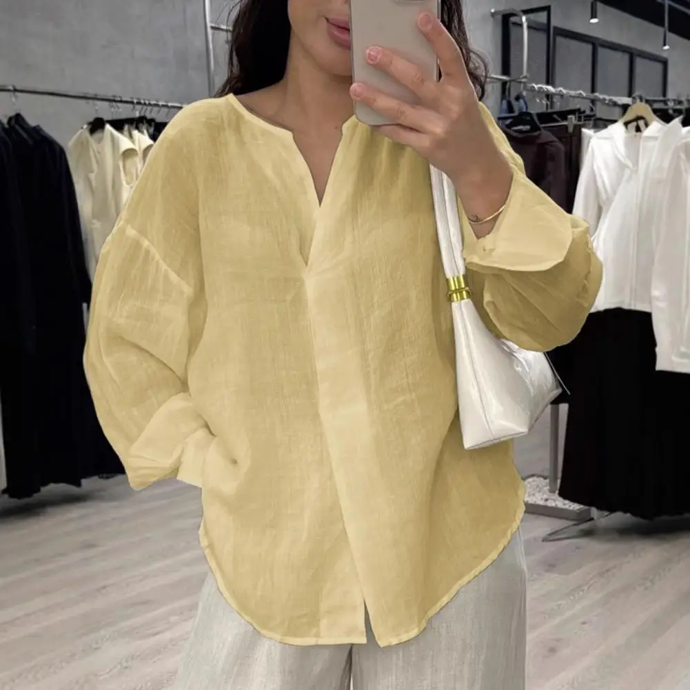 Women Tops V Neck Long Sleeve Pure Color Mid-length Pullover Tops with Asymmetrical Slit Curved Hem Loose Fit Versatile Casual S
Women Tops V Neck Long Sleeve Pure Color Mid-length Pullover Tops with Asymmetrical Slit Curved Hem Loose Fit Versatile Casual S