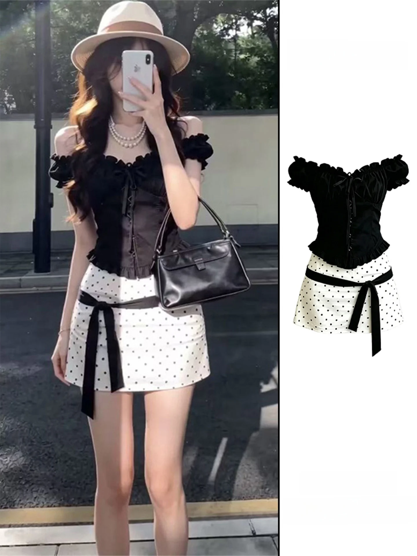 Summer Sweetened Black One-Shoulder Polka Dot Skirt And Top Slimming Two-Piece Set for Women with Lace Trim Fashionable Casua...
Summer Sweetened Black One-Shoulder Polka Dot Skirt And Top Slimming Two-Piece Set for Women with Lace Trim Fashionable Casua...