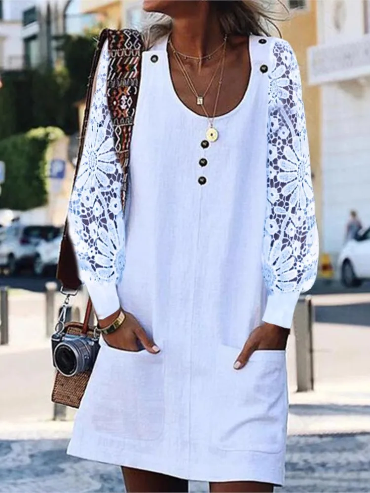 Casual White Dress Women Fashion Lace Sleeve Loose Mini Dress New Spring Autumn Long Sleeve U-neck Pocket Button Vestidos Female
Casual White Dress Women Fashion Lace Sleeve Loose Mini Dress New Spring Autumn Long Sleeve U-neck Pocket Button Vestidos Female