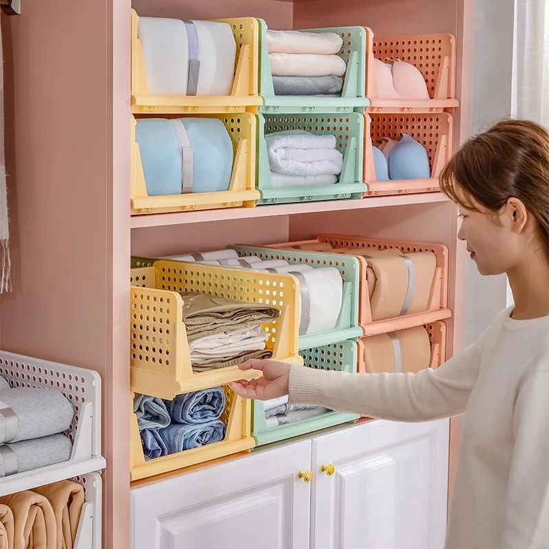 Modern Stackable Wardrobe Closet Organizer Foldable Plastic Clothes Storage Holder Rack Basket Box