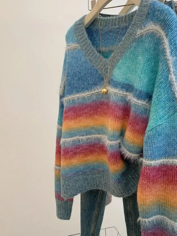 Autumn Winter Women's 2024 Rainbow Striped Pullover Knitwear Sweater Korean Fashion Ladies V Neck Long Sleeved Loose Tops Trendy
Autumn Winter Women's 2024 Rainbow Striped Pullover Knitwear Sweater Korean Fashion Ladies V Neck Long Sleeved Loose Tops Trendy