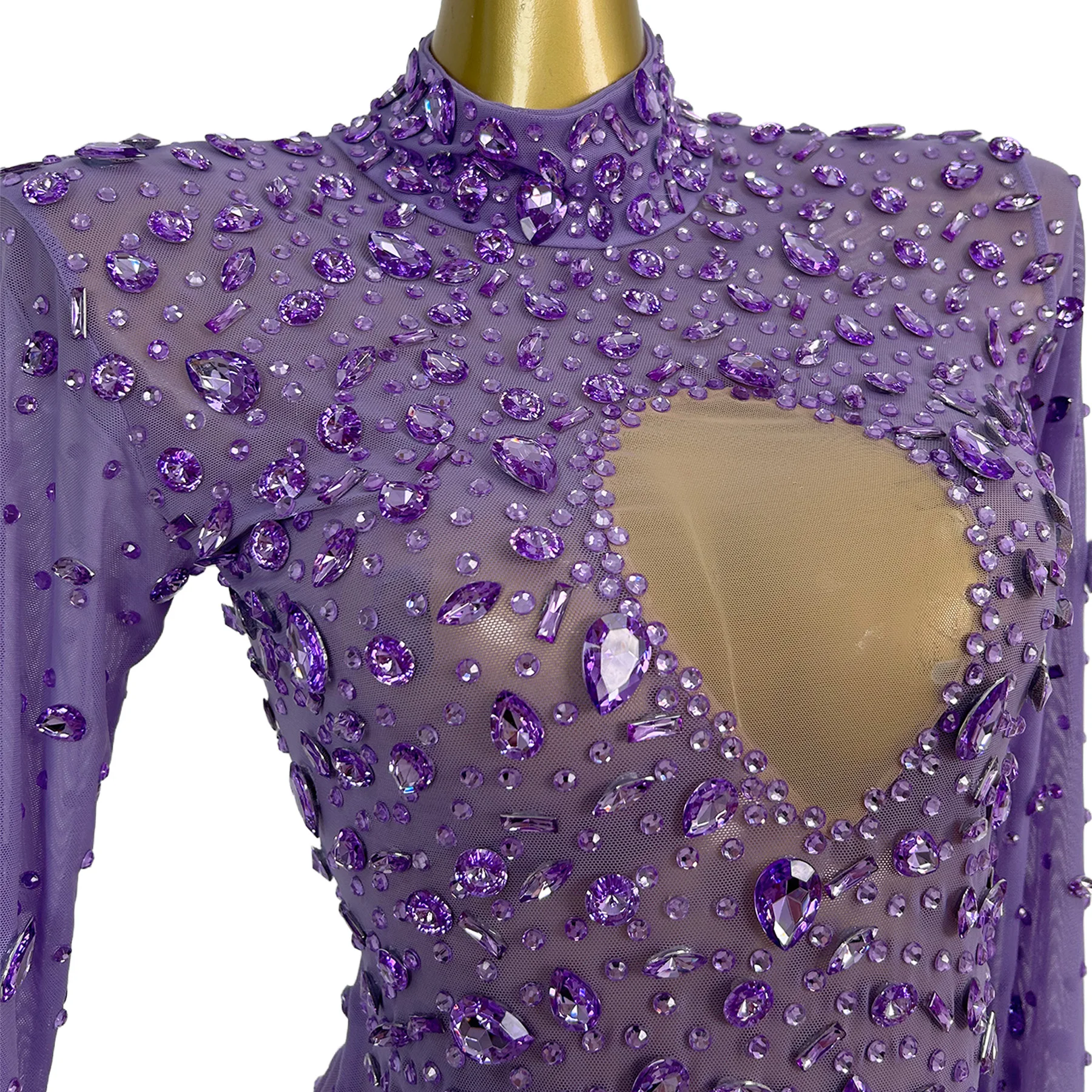 Cuican Purple Rhinestone Embellished Sheer Mesh High Neck Long Sleeve Mini Dress with Heart Cutout for Drag Queen Performances
Cuican Purple Rhinestone Embellished Sheer Mesh High Neck Long Sleeve Mini Dress with Heart Cutout for Drag Queen Performances