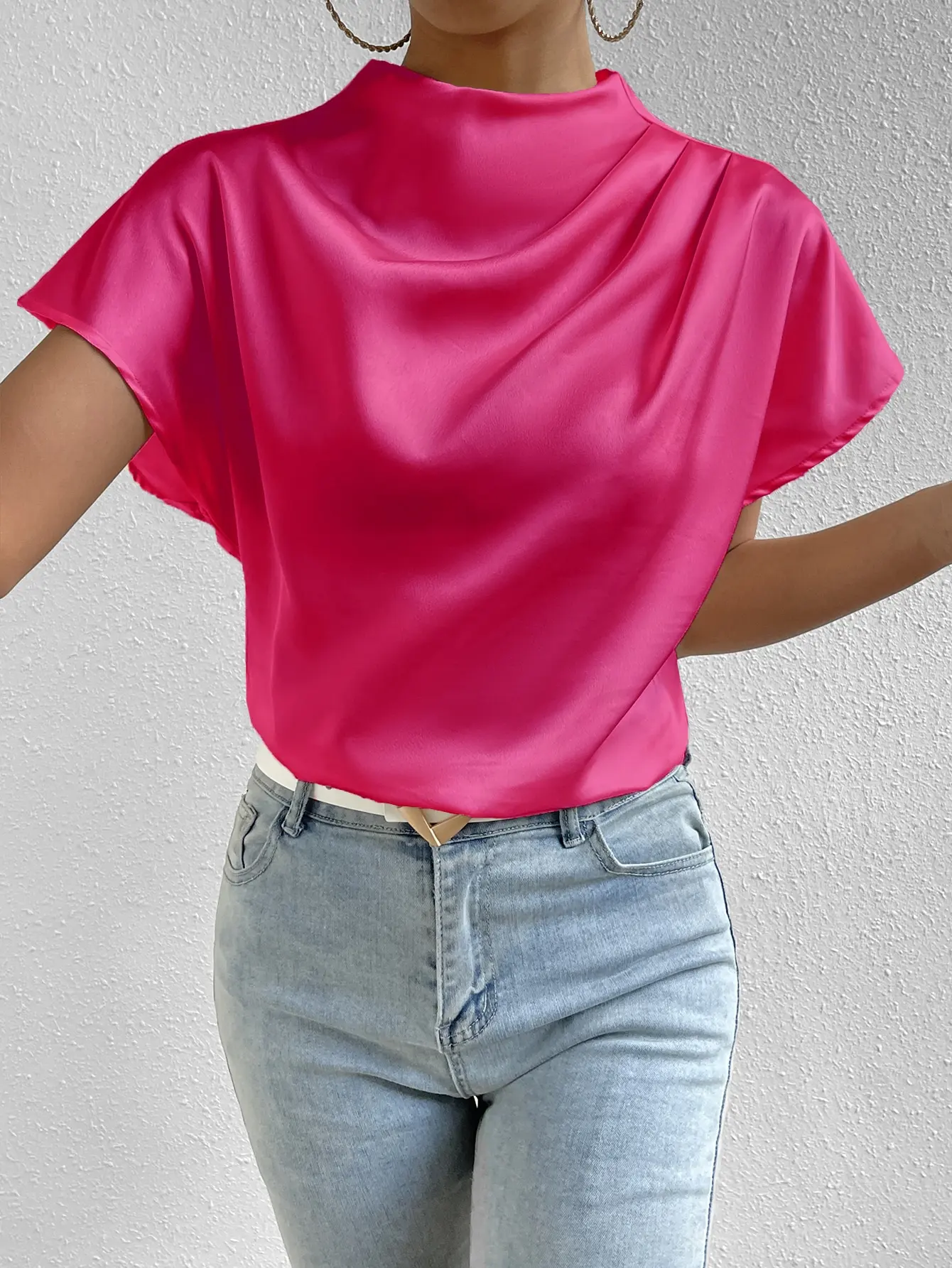 Women's Solid Fuchsia Satin Blouse with Mandarin Collar and Bat Sleeves
Women's Solid Fuchsia Satin Blouse with Mandarin Collar and Bat Sleeves