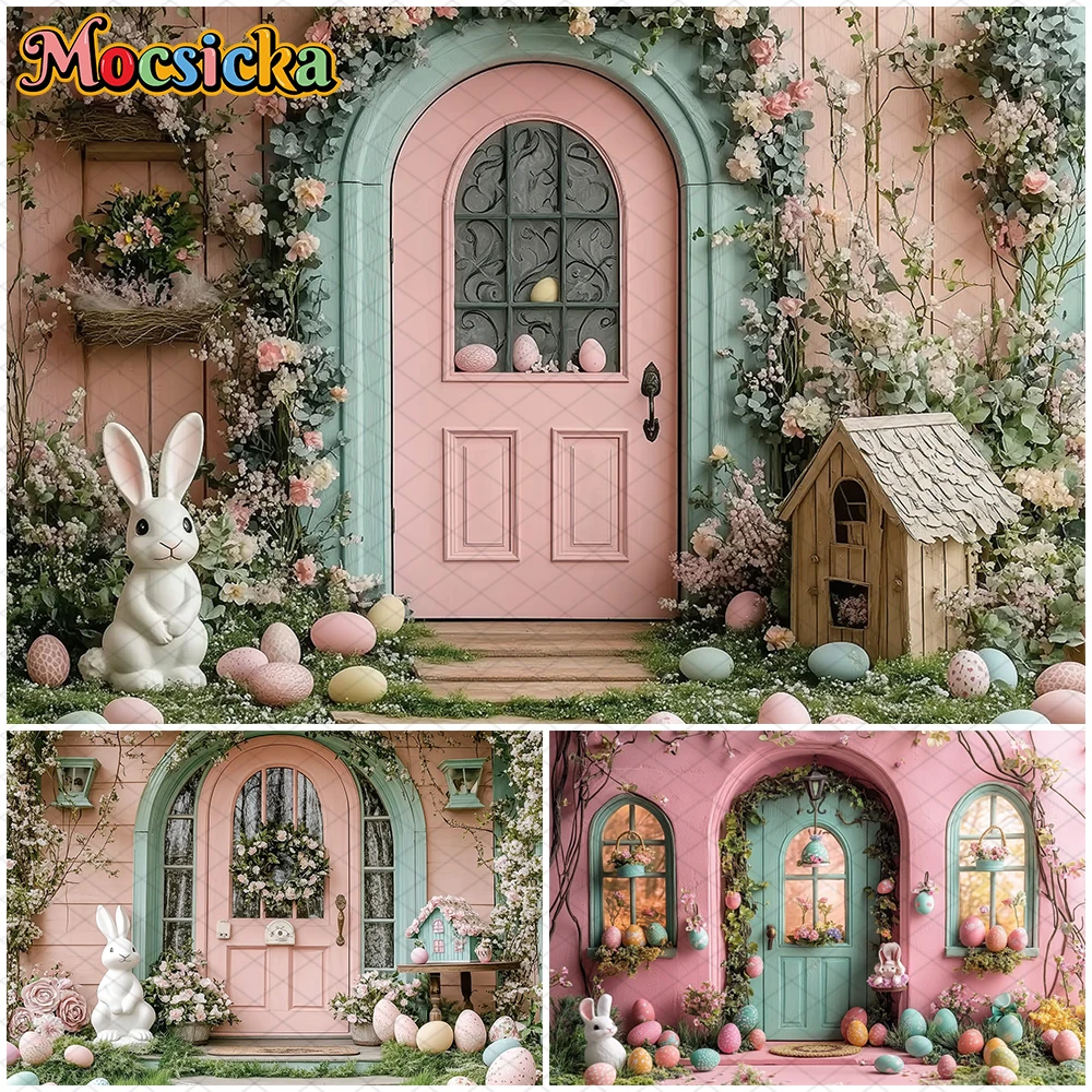 Mocsicka Spring Easter Photo Backdrop Rabbit Egg Flower Pink House Door Decorations Child Birthday Photography Background Banner