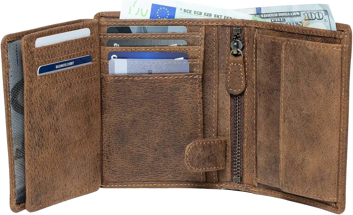 Men's RFID Blocking Leather Bifold Wallet with Flip ID Coin and Secure Zip Compartment, Extra Large in Dark Brown
Men's RFID Blocking Leather Bifold Wallet with Flip ID Coin and Secure Zip Compartment, Extra Large in Dark Brown
