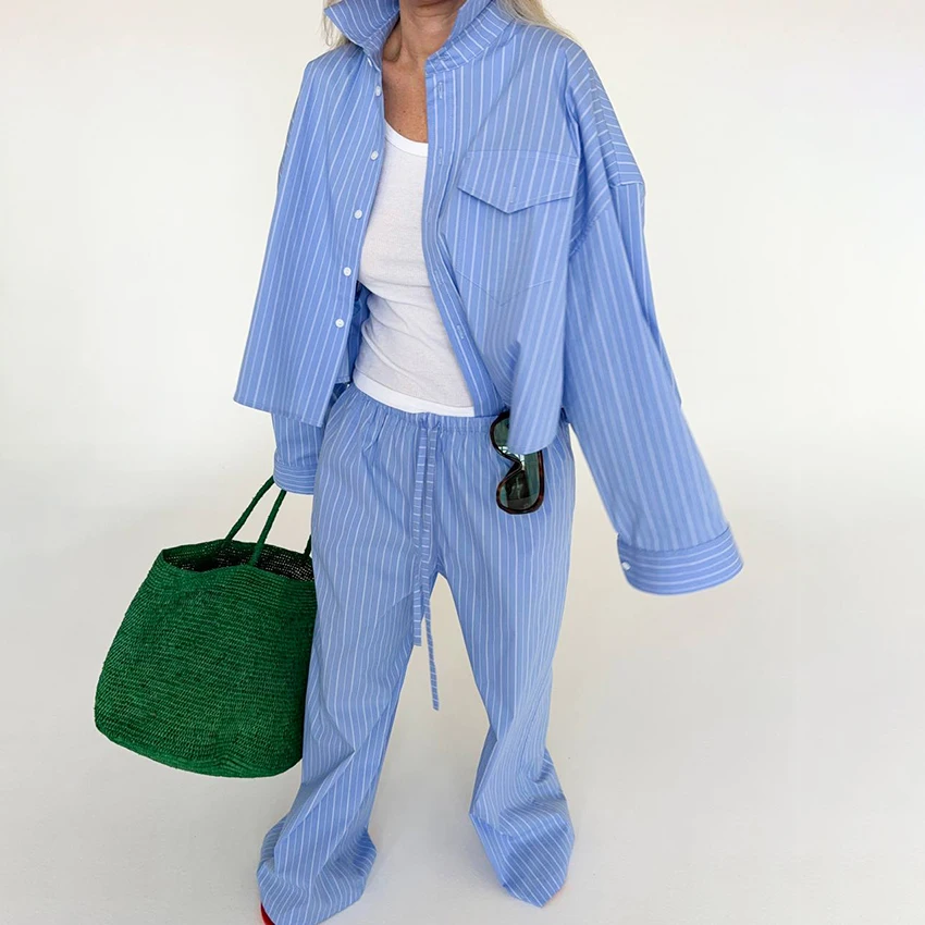 Linad Office Lady Blue Stripe 2 Piece Set Wide Leg Drawstring Pants And Turn Down Collar Blouse With Pocket Elegant Outfits 2025
Linad Office Lady Blue Stripe 2 Piece Set Wide Leg Drawstring Pants And Turn Down Collar Blouse With Pocket Elegant Outfits 2025