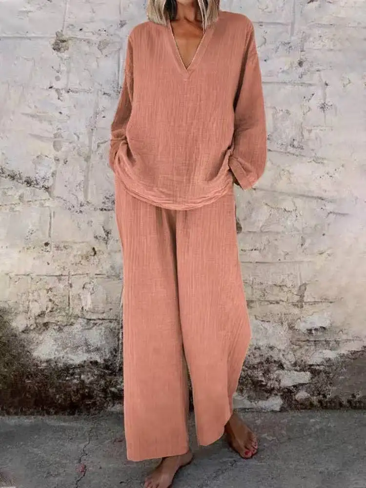 Универсальный комплект: пуловер с V-образным вырезом, брюки с карманами, дышащий хлопок, разноцветная домашняя одежда для женщин
Универсальный комплект: пуловер с V-образным вырезом, брюки с карманами, дышащий хлопок, разноцветная домашняя одежда для женщин