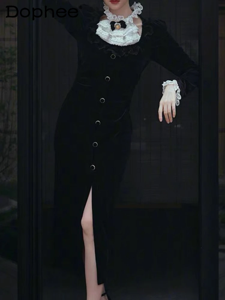 Palace Style Elegant Stitching Long Sleeve A- Line Dress Female 2024 Spring New Retro Slim Long Single Breasted Black Dress
Palace Style Elegant Stitching Long Sleeve A- Line Dress Female 2024 Spring New Retro Slim Long Single Breasted Black Dress