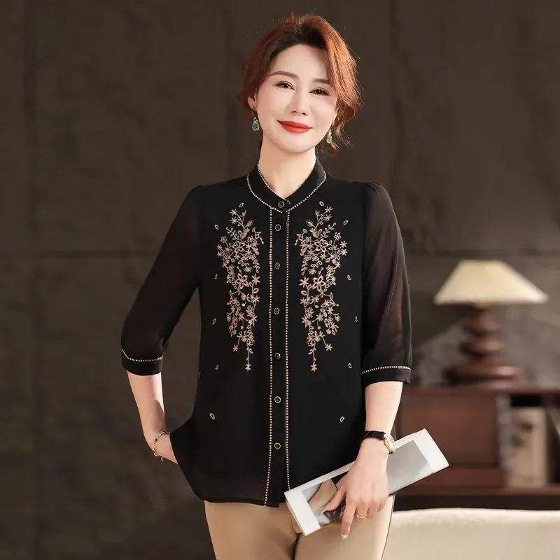 Женская черная шифоновая блузка с бисерной отделкой и кристаллическими пуговицами, элегантная рубашка с длинным рукавом
Женская черная шифоновая блузка с бисерной отделкой и кристаллическими пуговицами, элегантная рубашка с длинным рукавом