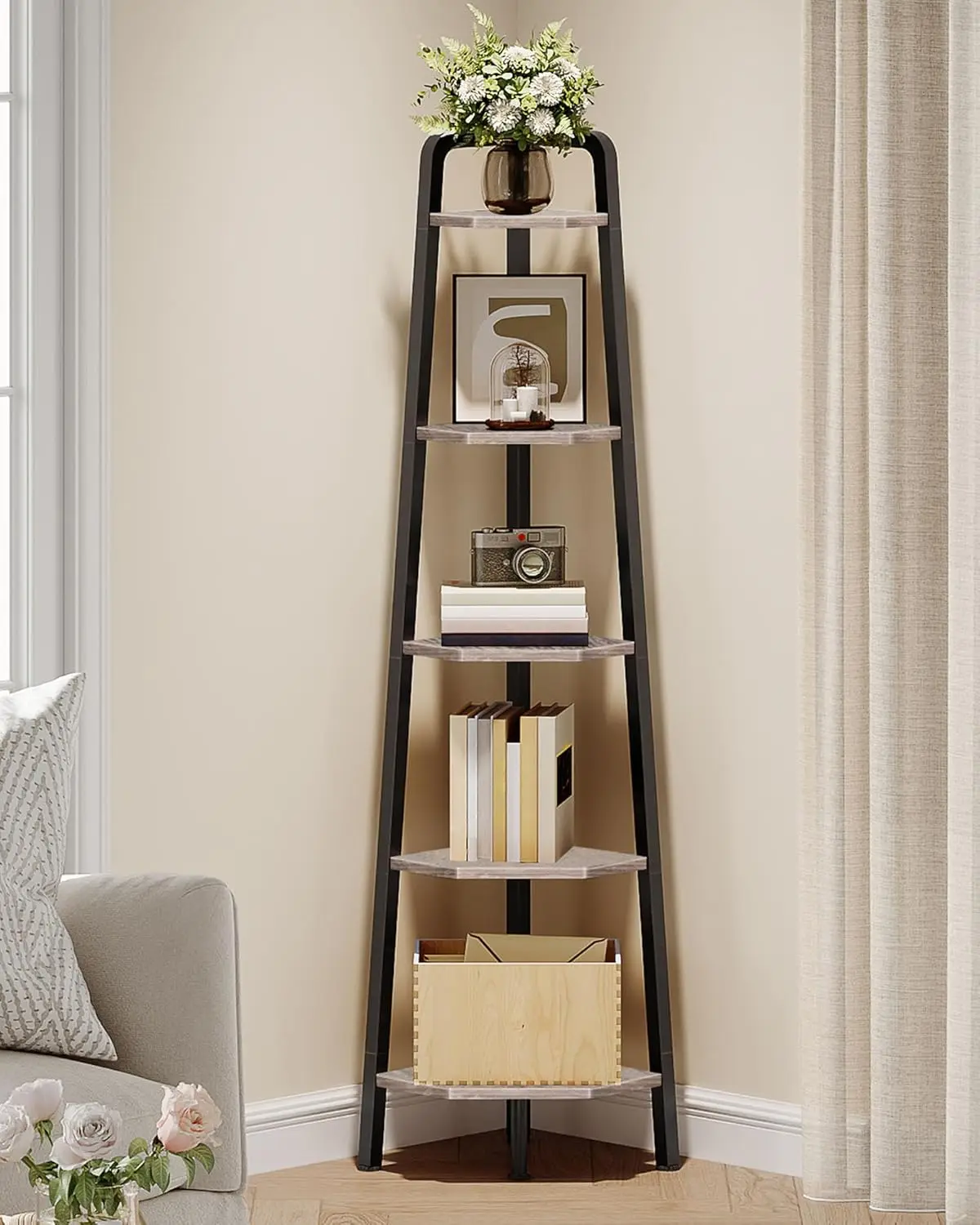 5-Tier Corner Shelf with Metal Frame, 59.6" Tall Ladder Bookshelf for Living Room, Bedroom, Kitchen, Greige and Black
5-Tier Corner Shelf with Metal Frame, 59.6" Tall Ladder Bookshelf for Living Room, Bedroom, Kitchen, Greige and Black