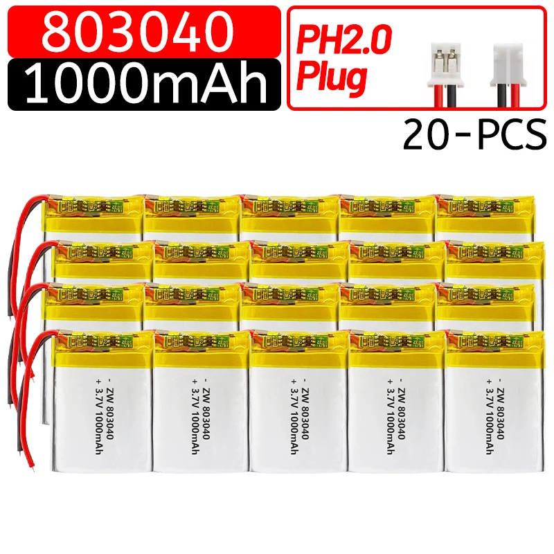 3.7V 1000mAh 803040 Polymer Lithium Rechargeable Battery XH2.54 PH 2.0 2pin plug for GPS navigator MP5 Bluetooth Headset
3.7V 1000mAh 803040 Polymer Lithium Rechargeable Battery XH2.54 PH 2.0 2pin plug for GPS navigator MP5 Bluetooth Headset