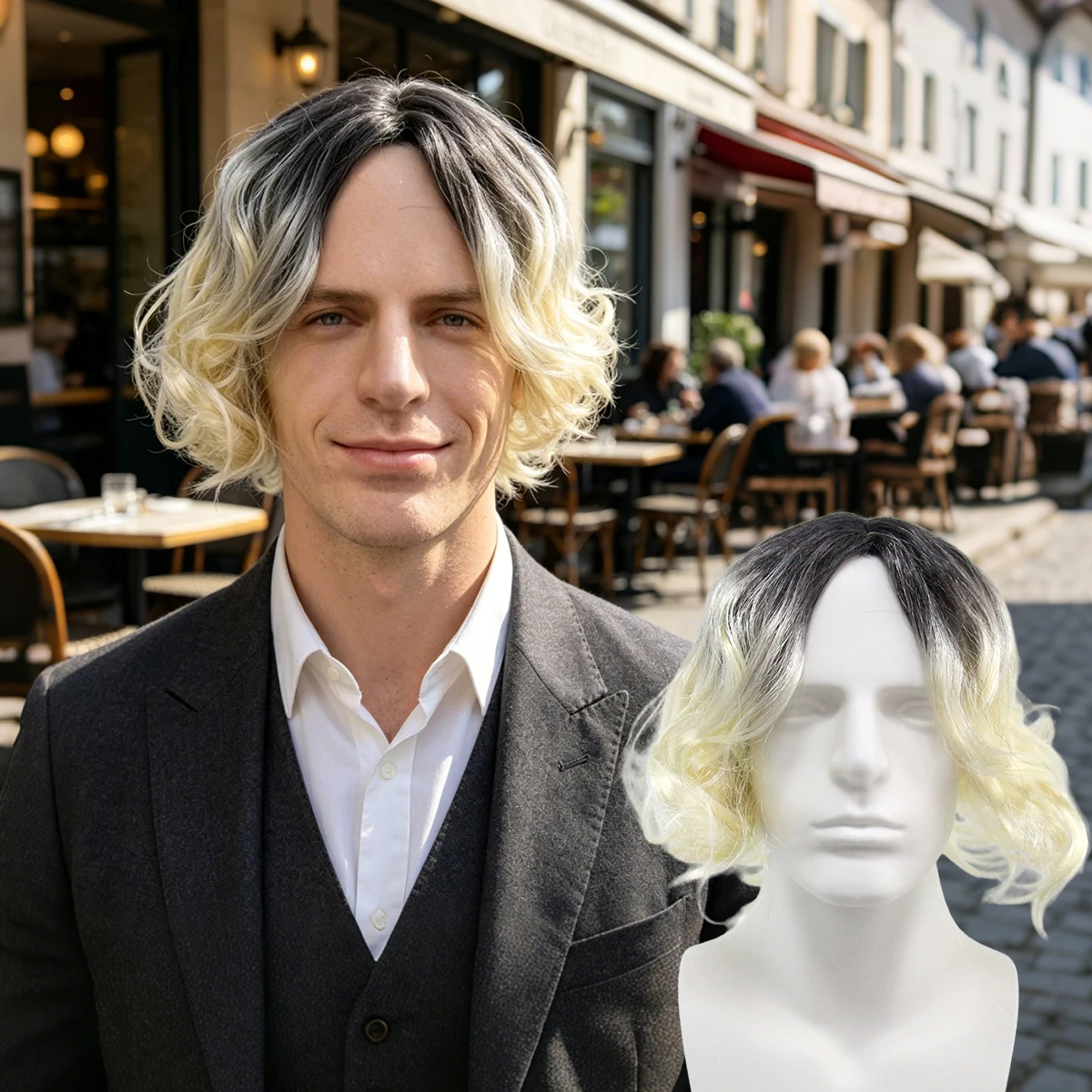 Men's Ombre Black Blonde Curly Wig Heat synthetic Resistant for Halloween Role Play Costume
Men's Ombre Black Blonde Curly Wig Heat synthetic Resistant for Halloween Role Play Costume