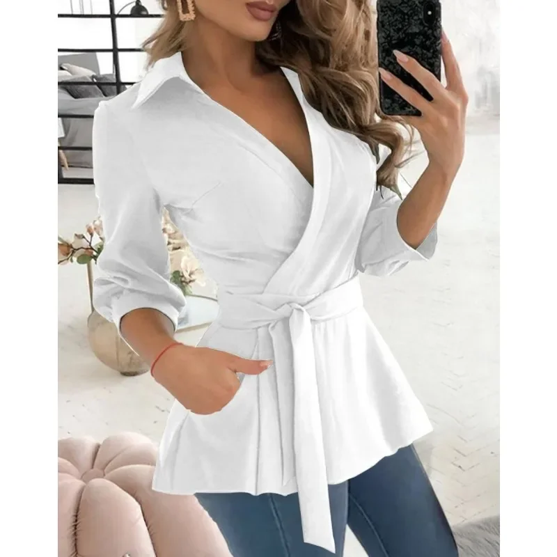 Spring/Summer Women's Fashion Printed Shirt Versatile Solid Color Lapel Belt Shirt Commuter Elegant Long Sleeve Shirt
Spring/Summer Women's Fashion Printed Shirt Versatile Solid Color Lapel Belt Shirt Commuter Elegant Long Sleeve Shirt