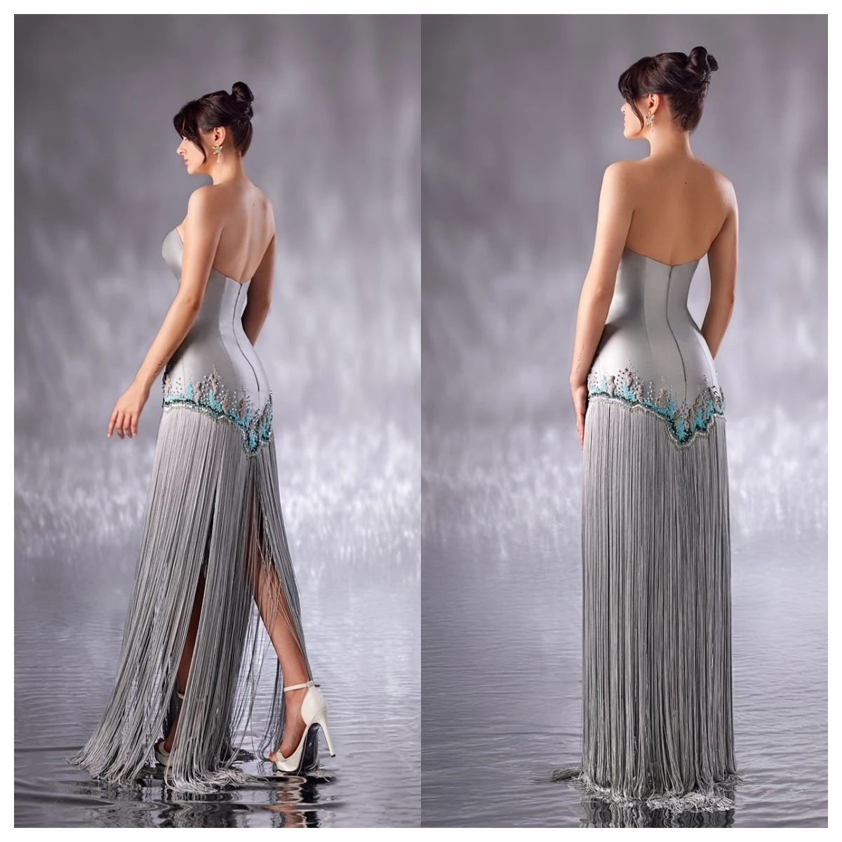 Customized Luxury Gray Satin Evening Dress Strapless Sleeveless Bespoke Occasion Gowns Special Occasion Gowns Appliques Tassel
Customized Luxury Gray Satin Evening Dress Strapless Sleeveless Bespoke Occasion Gowns Special Occasion Gowns Appliques Tassel