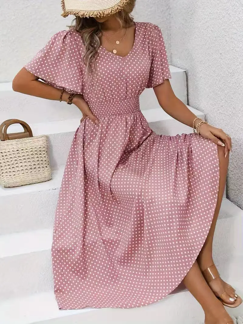 Large size women's summer retro polka dot V-neck dress, women's vacation beach leisure A-line large swing long skirt
Large size women's summer retro polka dot V-neck dress, women's vacation beach leisure A-line large swing long skirt