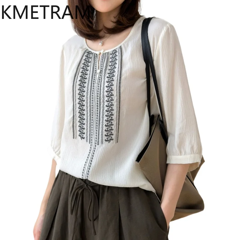 KMETRAM 100% Natural Mulberry Silk Shirt Women Embroidered Vacation Blouse Elegant Summer Tops for Woman Clothing 2026 jirai kei
KMETRAM 100% Natural Mulberry Silk Shirt Women Embroidered Vacation Blouse Elegant Summer Tops for Woman Clothing 2026 jirai kei